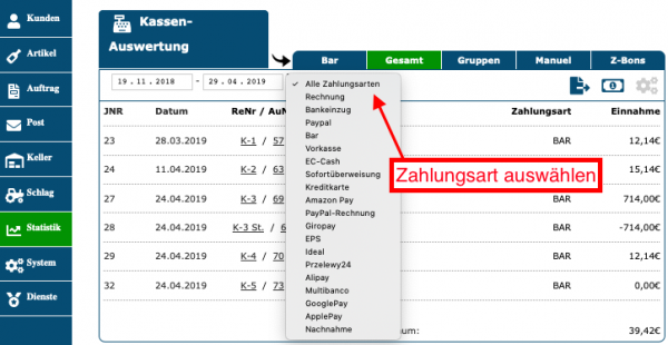 Kassenauswertung nach Zahlungsart